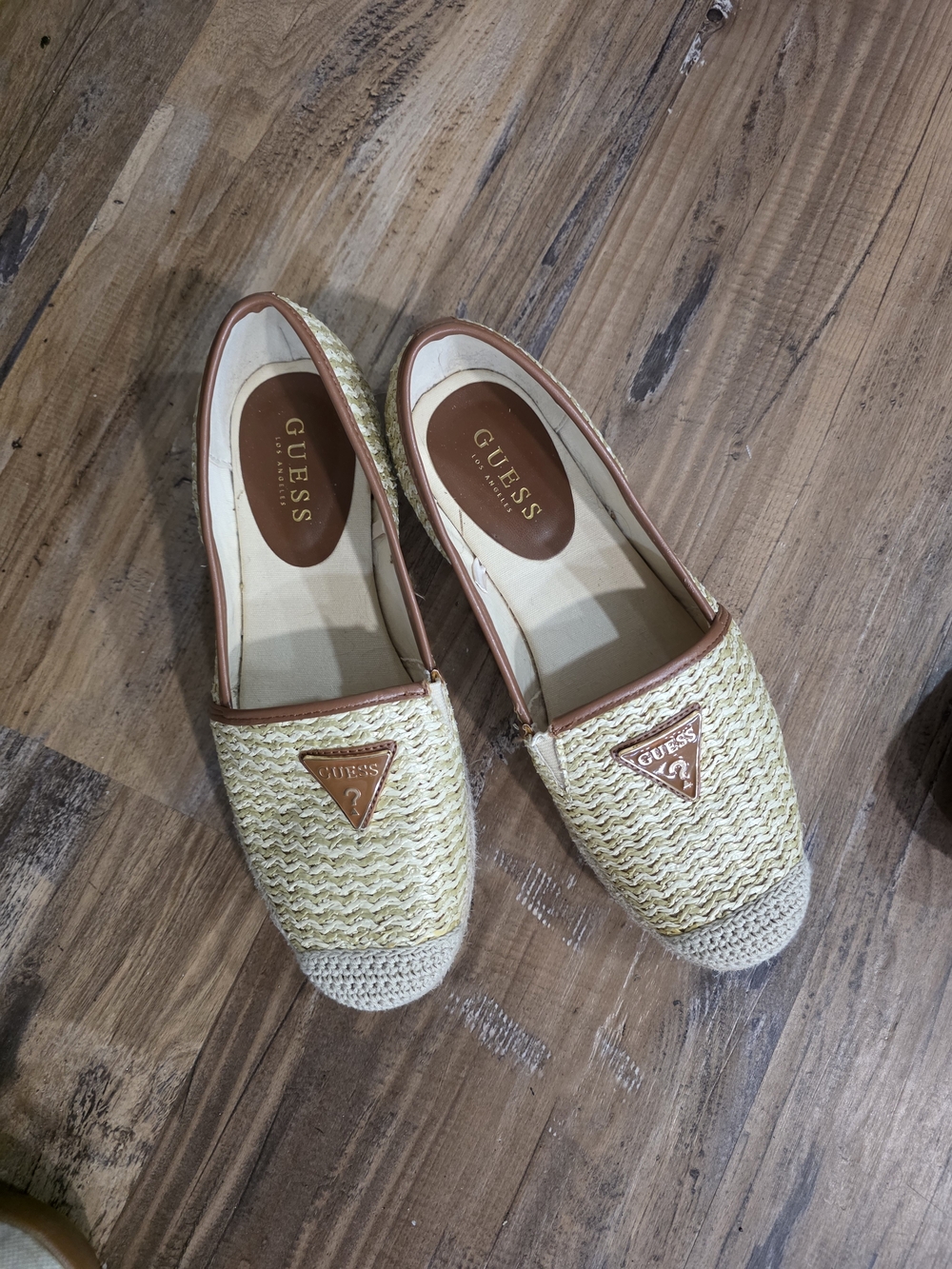 GUESS Cream Woven Slip-On Flats with Brown Trim